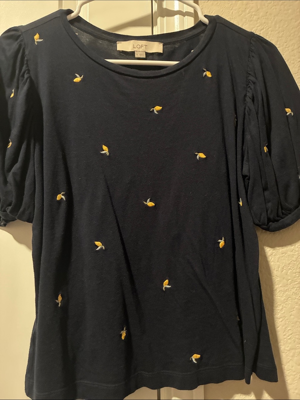 LOFT Navy Short Sleeve Top with Yellow Embroidery